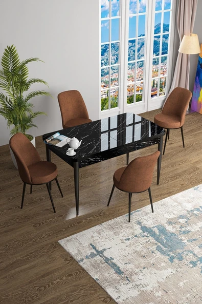 Canisa Han Serisi, Siyah Mermer Desen 70x114 Açılabilir Mdf Mutfak Masa Takımı, 4 Kiremit Sandalye ürün görseli 1