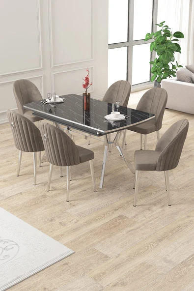 Canisa Sim Serisi 89x150 Açılabilir Lak Panel Siyah Mermer Krom Ayak Masa Takımı Ve 6 Cappucino Sandalye ürün görseli 1