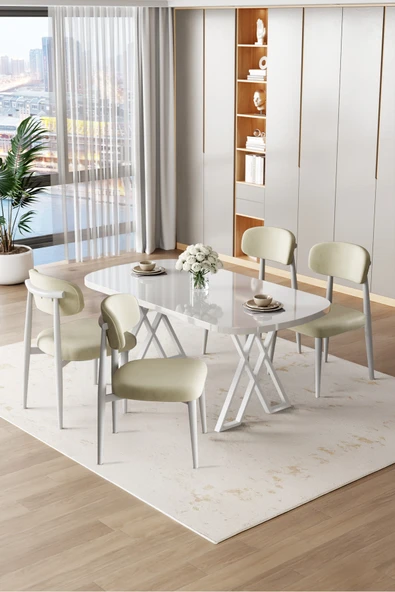 Canisa Jolin Serisi Mdf 90x168 Beyaz Mutfak Masa Takımı 4 Krem Metal Sandalye ürün görseli 1