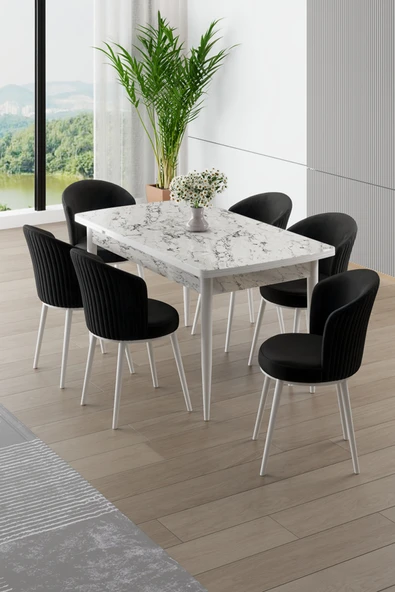 Canisa Asfel Serisi MDF 77x130 Beyaz Mermer Desen Yandan Açılabilir Mutfak Masa Takımı 6 Siyah Sandalye ürün görseli 1
