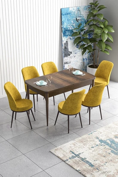 Canisa Han Serisi 70x114 Açılabilir Mdf Mutfak Masası Takımı Barok Desen Masa 6 Hardal Sandalye ürün görseli 1