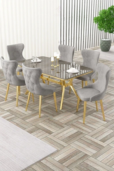 Canisa Esla Serisi 90x160 Lak Panel Antrasit Ironi Gold Kaplama Ayaklı Masa Takımı Ve 6 Gri Sandalye ürün görseli 1