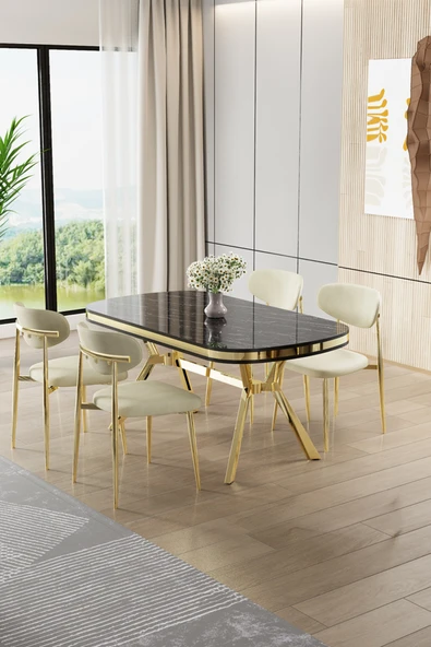 Canisa Olya Serisi 90x168 Lak Panel Sonata Masa Takımı Gold Ayaklı 4 Krem Sandalye ürün görseli 1