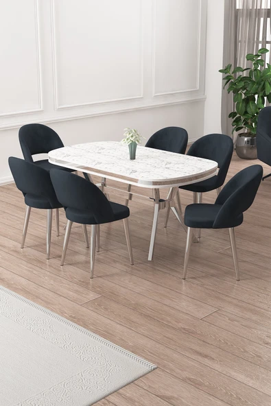 Canisa Jita Serisi 90x168 Lak Panel Beyaz Mermer Desen Krom Ayak Masa Takımı ve 6 Antrasit Sandalye ürün görseli 1