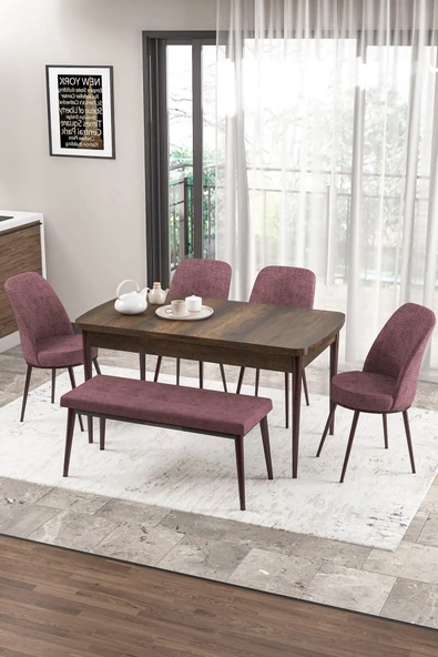 Canisa Concept Zen Serisi 80x132 Mdf Açılabilir Barok Ahşap Desen Masa Takımı 4 Gül Kurusu Sandalye Ve 1 Bench ürün görseli 1