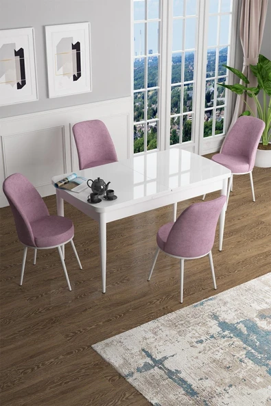 Canisa Han Serisi 70x114 Açılabilir Mdf Mutfak Masası Takımı Beyaz Masa 4 Pembe Sandalye ürün görseli 1