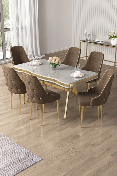 Canisa Vae Serisi 90x160 Lak Panel Beyaz Mermer Desen Gold Ayak Masa Takımı 6 Kahve Sandalye ürün görseli 1