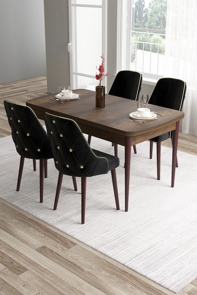 Canisa Tia Serisi 80x132 Açılabilir Mdf Mutfak Masası Takımı Barok Desen Masa 4 Siyah Sandalye ürün görseli 1