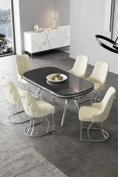 Canisa Epal Serisi 90x168 Lak Panel Siyah Mermer Desen Krom Ayaklı Masa Takımı ve 6 Krem Sandalye ürün görseli 1