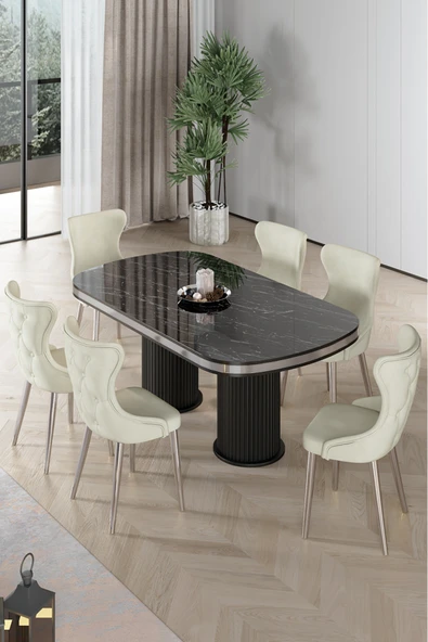 Canisa Galya Serisi Lak Panel 90x168 Sabit Sonata Mutfak Masa Takımı 6 Krem Sandalye ürün görseli 1