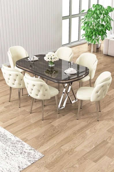 Canisa Zae Serisi 90x168 Lak Panel Antrasit Ironi Krom Ayak Masa Takımı 6 Krem Sandalye ürün görseli 1