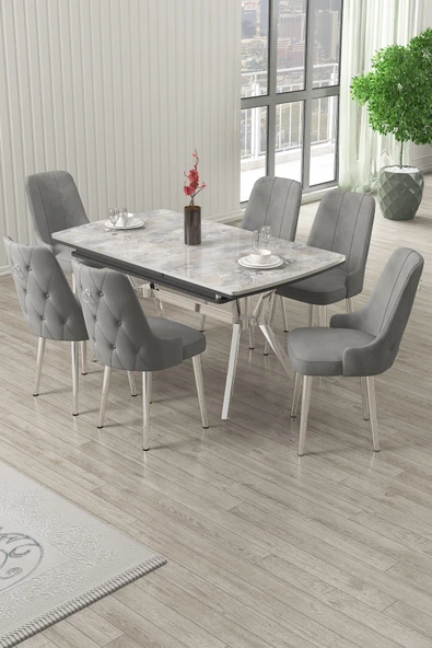 Canisa Nis Serisi 89x150 Açılabilir Lak Panel Rampla Gri Krom Ayak Masa Takımı ve 6 Gri Sandalye ürün görseli 1