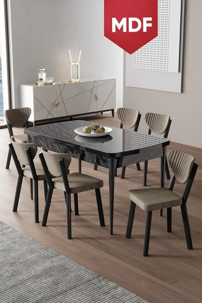 Canisa Exve Serisi 80x132 Açılabilir MDF Siyah Mermer Desen Masa Takımı ve 6 Cappucino Sandalye ürün görseli 1