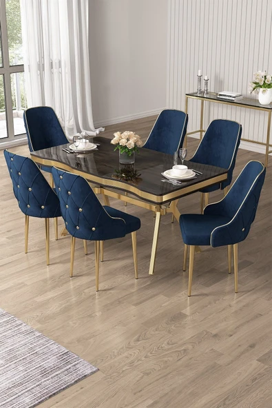 Canisa Vae Serisi 90x160 Lak Panel Antrasit Ironi Gold Ayak Masa Takımı 6 Lacivert Sandalye ürün görseli 1