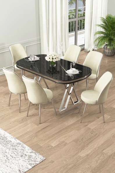 Canisa Lai Serisi 90x168 Lak Panel Sonata Krom Ayak Masa Takımı 6 Krem Sandalye ürün görseli 1