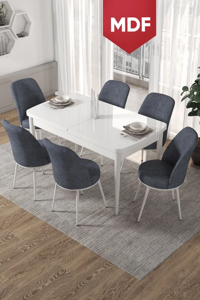 Canisa Kor Serisi, Beyaz Açılabilir MDF  70x114 Yemek Masa Takımı 6 Füme Sandalye ürün görseli 1