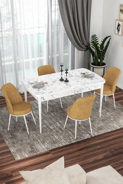 Canisa Kor Serisi 70x114 Açılabilir Mutfak Masası Takımı Beyaz Mermer Desen Masa 4 Cappucino Sandalye ürün görseli 1