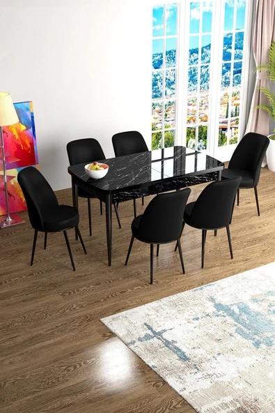 Canisa Han Serisi 70x114 Açılabilir Mdf Mutfak Masası Takımı Siyah Mermer Desen Masa 6 Siyah Sandalye ürün görseli 1
