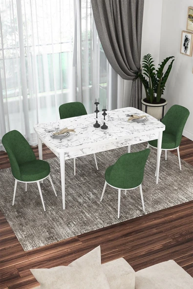 Canisa Kor Serisi 70x114 Açılabilir Mutfak Masası Takımı Beyaz Mermer Desen Masa 4 Haki Yeşil Sandalye ürün görseli 1