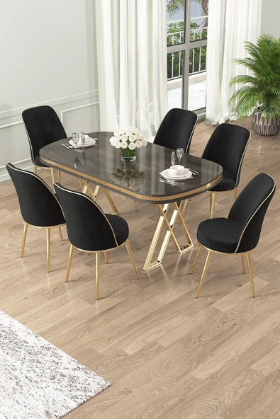 Canisa Lai Serisi 90x168 Lak Panel Antrasit Ironi Gold Ayak Masa Takımı 6 Siyah Sandalye ürün görseli 1