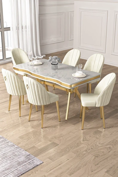 Canisa Pem Serisi 90x160 Lak Panel Beyaz Mermer Desen Gold Ayak Masa Takımı 6 Krem Sandalye ürün görseli 1