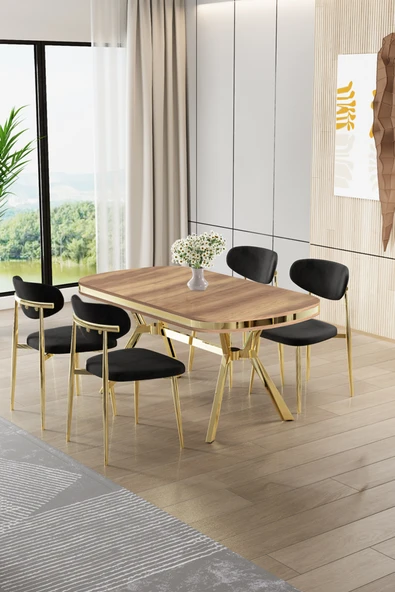 Canisa Olya Serisi 90x168 MDF Sabit Lak Panel Hazar Masa Takımı Gold Ayaklı 4 Siyah Sandalye ürün görseli 1