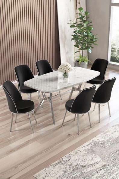 Canisa Lena Serisi 90x160 Lak Panel Beyaz Mermer Desen Krom Kaplama Ayaklı Masa Takımı ve 6 Siyah Sandalye ürün görseli 1