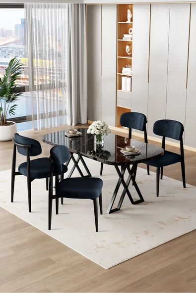 Canisa Jolin Serisi Mdf 90x168 Siyah Mermer Desen Masa Takımı 4Antrasit Metal Sandalye ürün görseli 1