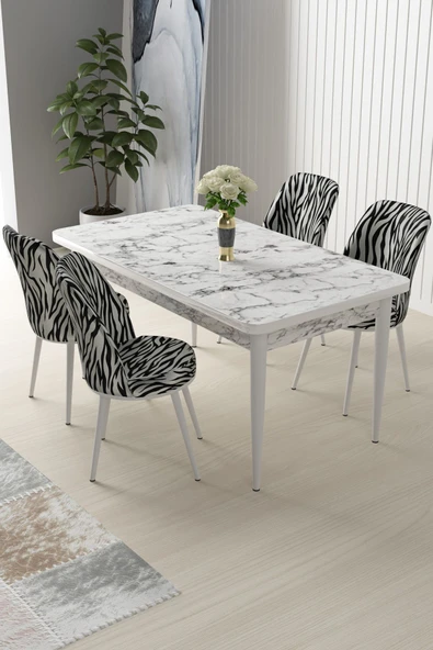 Canisa Concept Nil Serisi 70x110 Sabit Mutfak Masası Takımı Beyaz Mermer Desen Masa 4 Zebra Desen Sandalye ürün görseli 1