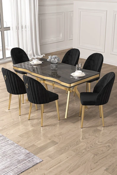 Canisa Pem Serisi 90x160 Lak Panel Antrasit İroni  Gold Ayak Masa Takımı 6 Siyah Sandalye ürün görseli 1