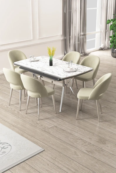 Canisa Weps Serisi 89x150 Açılabilir Lak Panel Beyaz Mermer Krom Ayak Masa Takımı ve 6 Krem Sandalye ürün görseli 1