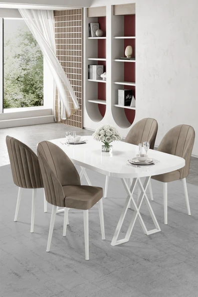 Canisa Kaye Serisi Mdf 90x168 Beyaz Mutfak Masası Takımı 4 Cappucino Sandalye ürün görseli 1