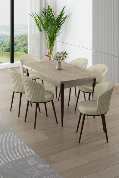Canisa Asfel Serisi MDF 77x130 Traverten Yandan Açılabilir Mutfak Masası Takımı 6 Krem Sandalye ürün görseli 1