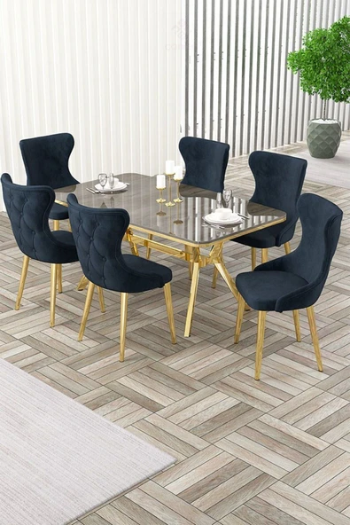 Canisa Esla Serisi 90x160 Lak Panel Antrasit Ironi Gold Kaplama Ayaklı Masa Takımı Ve 6 Antrasit Sandalye ürün görseli 1