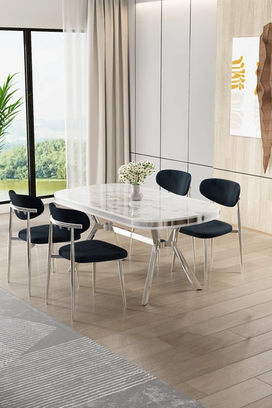 Canisa Olya Serisi 90x168 Lak Panel Beyaz Mermer Desen Masa Takımı Krom Ayaklı 4 Antrasit Sandalye ürün görseli 1