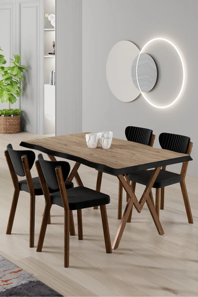 Canisa Akort Serisi MDF Sabit 80x130 Atlantik Çam Mutfak Masası Takımı 4 Siyah Sandalye ürün görseli 1