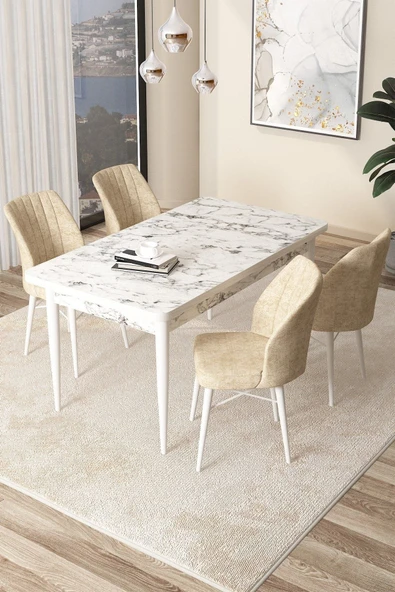 Canisa Arp Serisi 70x110 Sabit Mutfak Masası Takımı Beyaz Mermer Desen Masa 4 Krem Sandalye ürün görseli 1