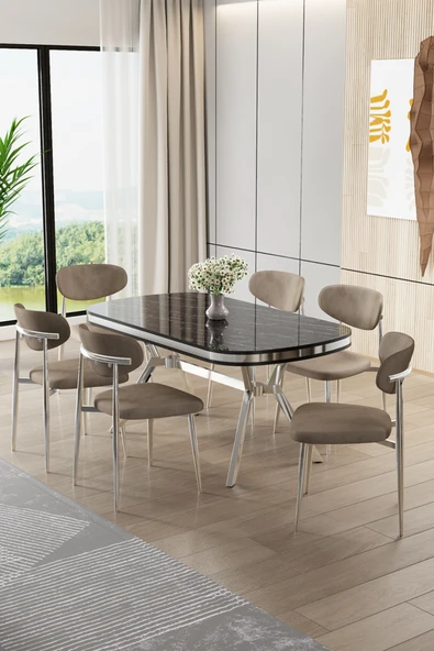 Canisa Olya Serisi 90x168 Lak Panel Sonata Masa Takımı Krom Ayaklı 6 Cappucino Sandalye ürün görseli 1