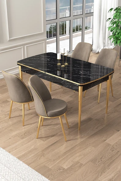 Canisa Pale Serisi 80x132 Açılabilir Siyah Mermer Desen Mutfak Masa Takımı 4 Cappucino Sandalye Gold Detay ürün görseli 1