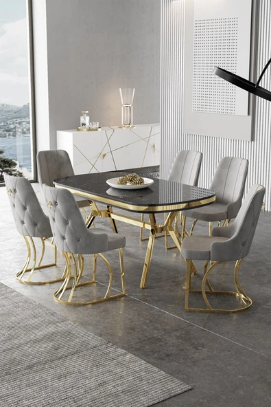 Canisa Epal Serisi 90x168 Lak Panel Siyah Mermer Desen Masa Takımı Gold Ayaklı 6 Gri Sandalye ürün görseli 1