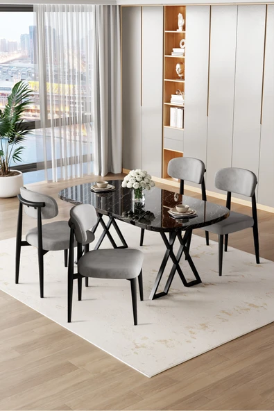 Canisa Jolin Serisi Mdf 90x168 Siyah Mermer Desen Masa Takımı 4 Gri Metal Sandalye ürün görseli 1