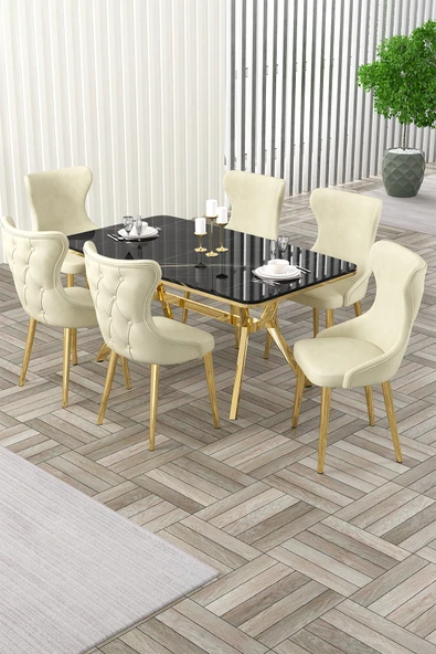 Canisa Esla Serisi 90x160 Lak Panel Sonata Gold Kaplama Ayaklı Masa Takımı ve 6 Krem Sandalye ürün görseli 1