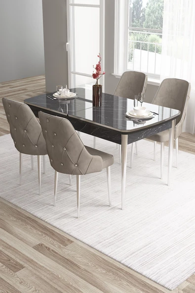 Canisa Tia Serisi 80x132 Açılabilir Mdf Siyah Mermer Desen Krom Detay Masa Takımı Ve 4 Cappucino Sandalye ürün görseli 1