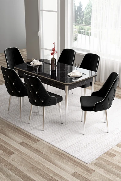 Canisa Tia Serisi 80x132 Mdf Açılabilir Siyah Mermer Desen Krom Detay Masa Takımı Ve 6 Siyah Sandalye ürün görseli 1