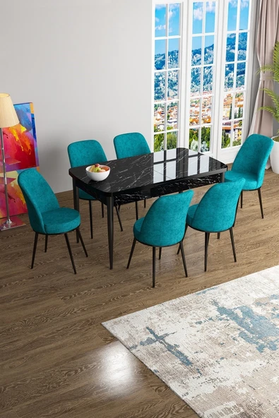 Canisa Han Serisi, Siyah Mermer Desen 70x114, Açılabilir Mdf Mutfak Masa Takımı, 6 Turkuaz Sandalye ürün görseli 1
