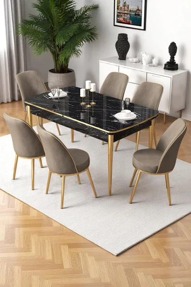 Canisa Nira Serisi 70x114 Mdf Siyah Mermer Desen Mutfak Masa Takımı 6 Cappucino Sandalye Gold Detay ürün görseli 1