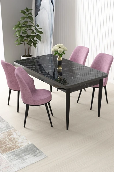 Canisa Nil Serisi 70x110 Sabit Mutfak Masası Takımı Siyah Mermer Desen Masa 4 Pembe Sandalye ürün görseli 1