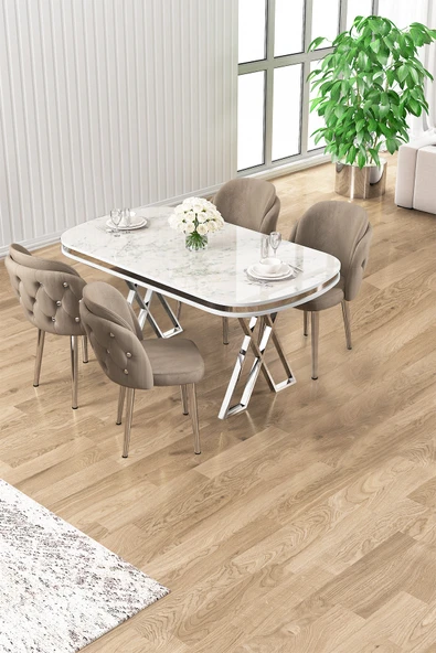 Canisa Zae Serisi 90x168 Lak Panel Beyaz Mermer Desen Krom Ayak Masa Takımı 4 Cappucino Sandalye ürün görseli 1