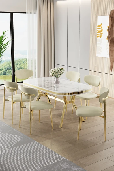 Canisa Olya Serisi 90x168 Lak Panel Beyaz Mermer Desen Masa Takımı Gold Ayaklı 6 Krem Sandalye ürün görseli 1