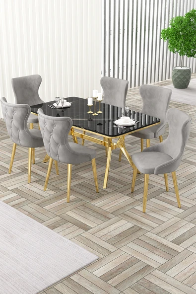 Canisa Esla Serisi 90x160 Lak Panel Sonata Gold Kaplama Ayaklı Masa Takımı ve 6 Gri Sandalye ürün görseli 1